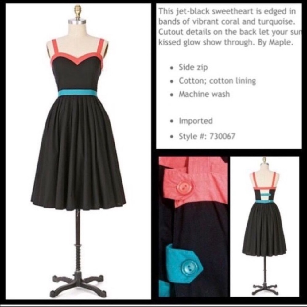 Anthropologie Maple Women's Black Dress with Coral and Turquoise Accents Sz 2